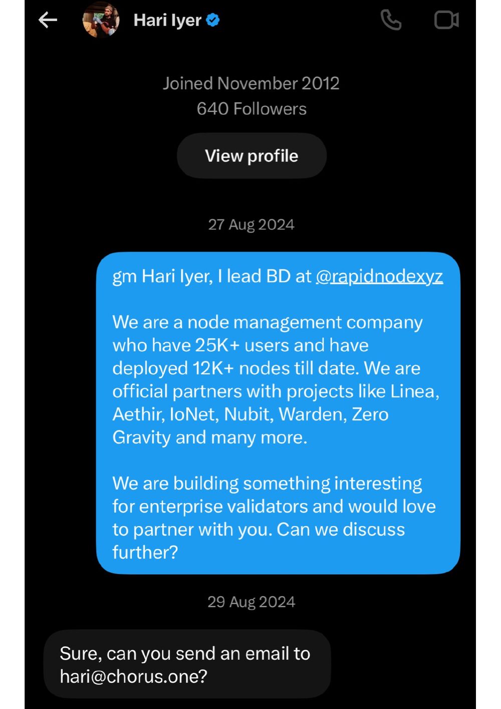 Conversation thread showing a prospect responding and progressing toward partnership discussion.