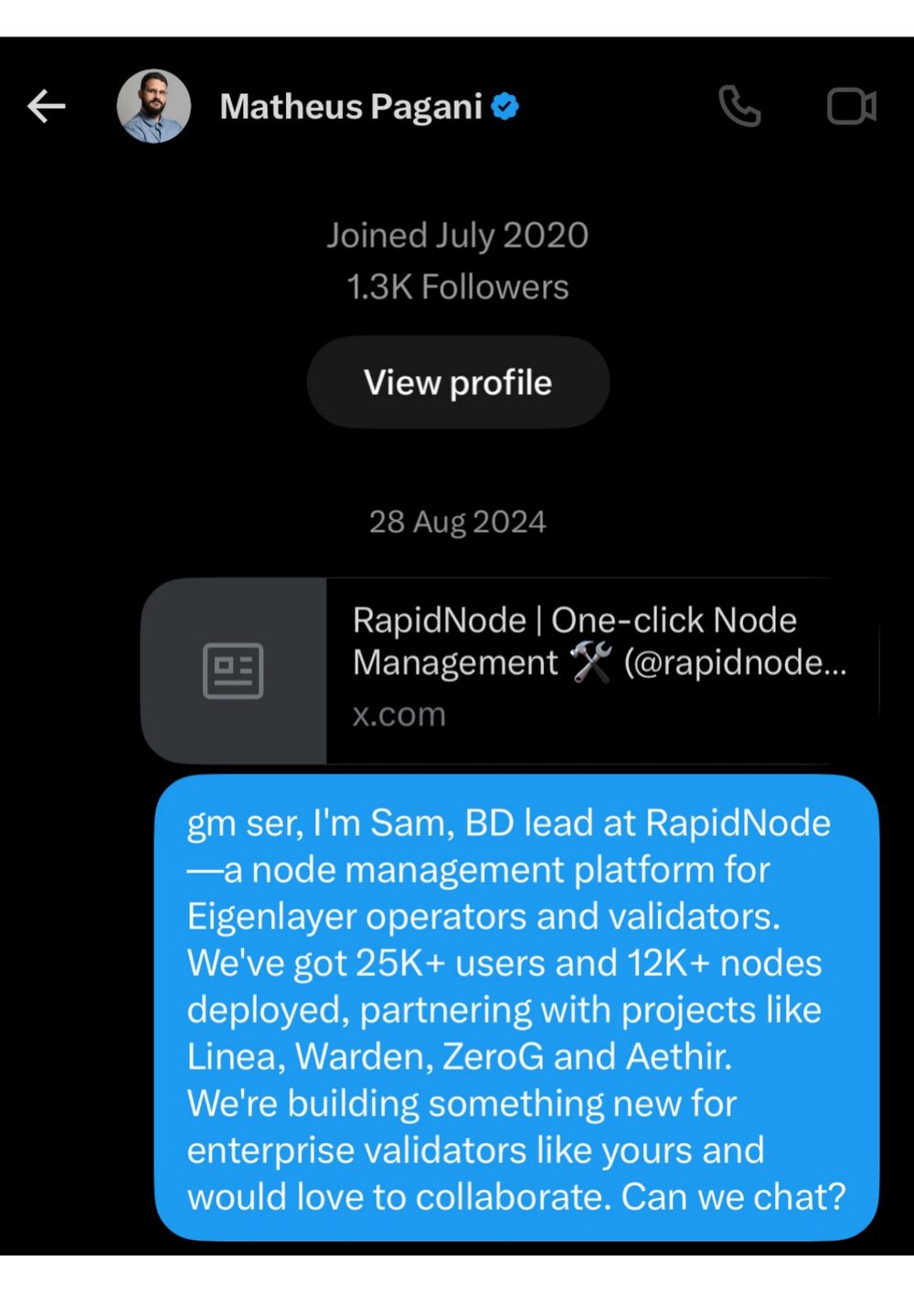 Cold outreach opening a BD conversation with a validator/infrastructure operator.
