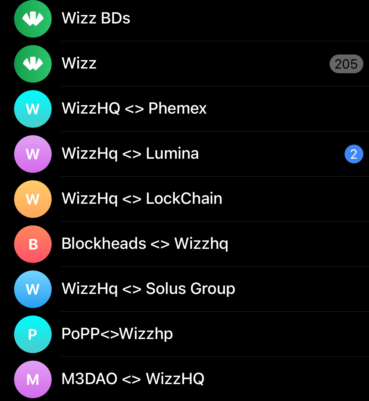 Active WizzHQ partner conversations — Phemex, Lumina, LockChain, Blockheads, Solus Group, PoPP and M3DAO partnership threads running in parallel.