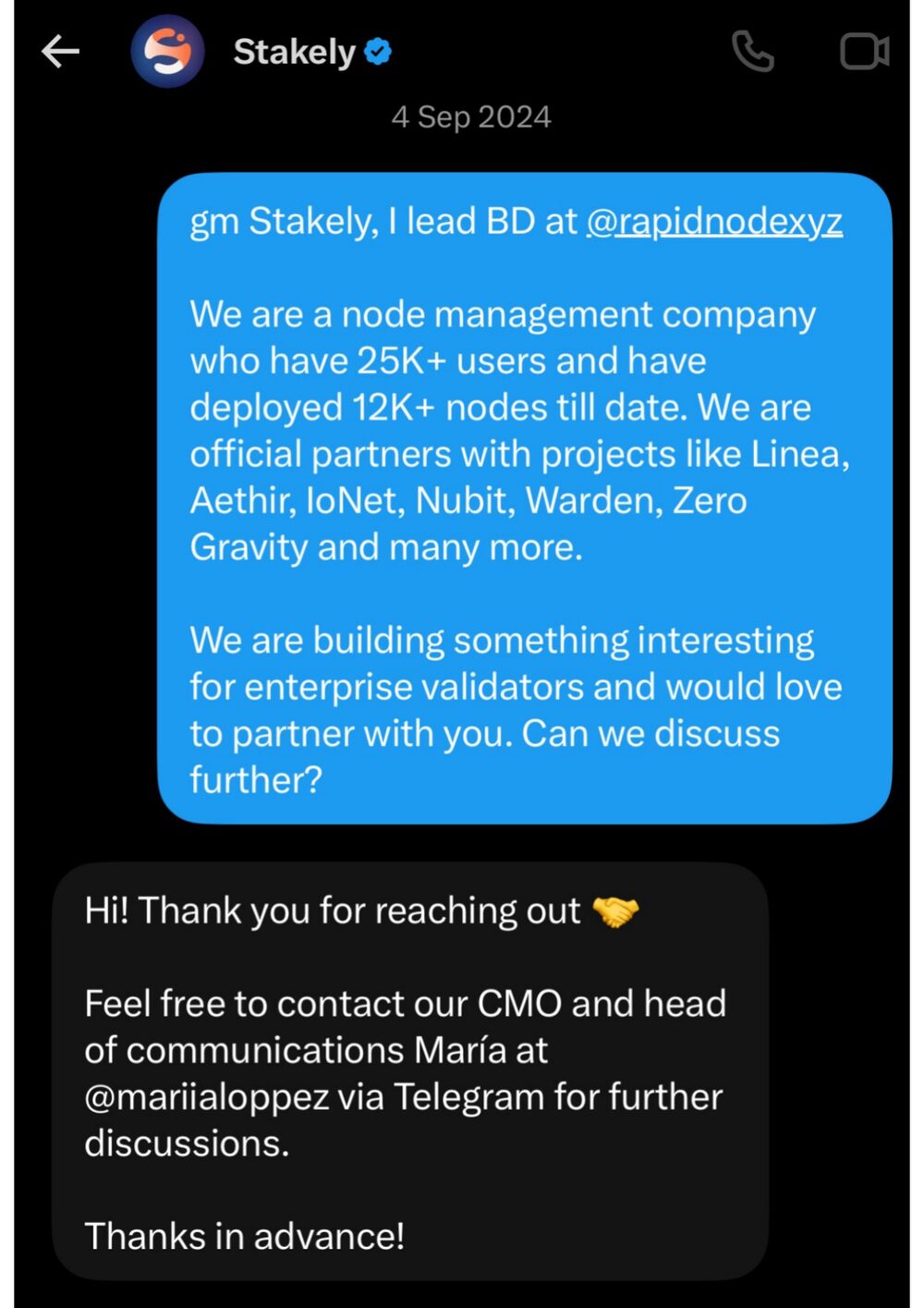Conversation thread showing a prospect responding and progressing toward partnership discussion.