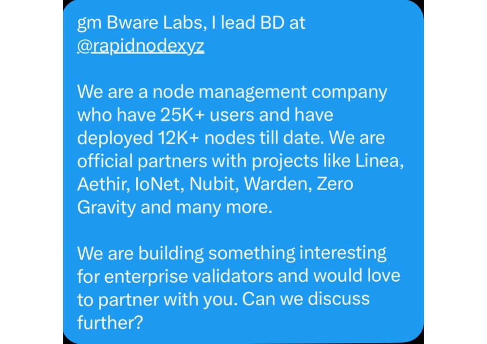 Cold outreach opening a BD conversation with a validator/infrastructure operator.